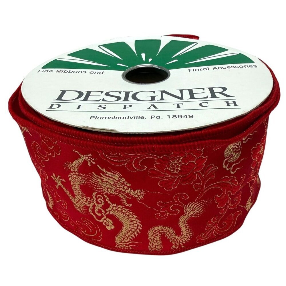 Designer Dispatch Roll of Dragon Ribbon Empress Red Wired Damask Fabric 2 5/8"